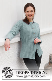 Grey Owl Jacket / DROPS 216-34 - Virkad kofta i DROPS Karisma. Arbetet virkas uppifrån och ner med runt ok, hålmönster och stolpar. Storlek S - XXXL.