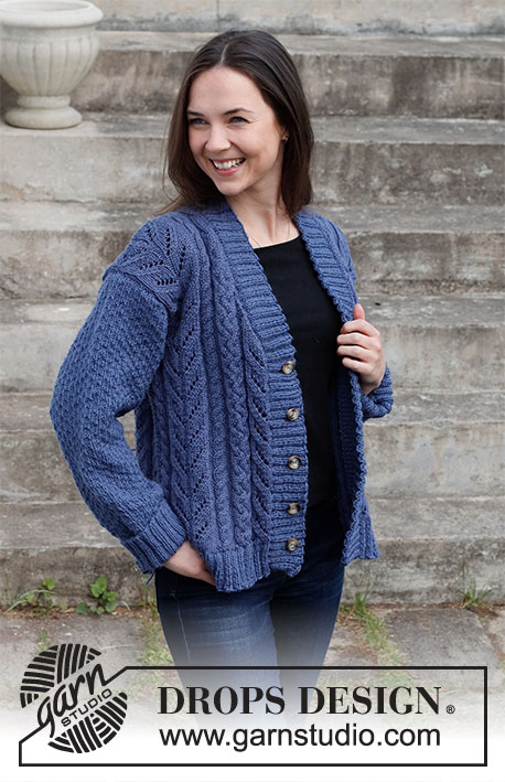 Cabled Concerto / DROPS 216-38 - Knitted jacket in DROPS Karisma. Piece is knitted with cables, lace pattern, textured pattern and V-neck. Size: S - XXXL