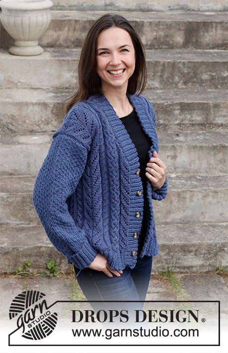 Cabled Concerto / DROPS 216-38 - Knitted jacket in DROPS Karisma. Piece is knitted with cables, lace pattern, textured pattern and V-neck. Size: S - XXXL