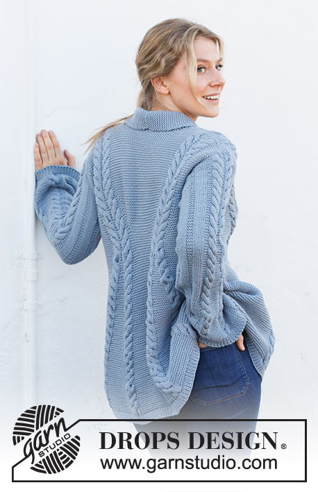 Icefall / DROPS 216-4 - Knitted jacket in DROPS Merino Extra Fine. The piece is worked top down with shawl collar, garter stitch, cables and A-shape. Sizes S - XXXL.
