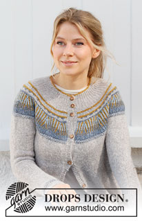Mikado Jacket / DROPS 216-8 - Strikket jakke med rundt bærestykke i DROPS Sky. Arbejdet strikkes oppefra og ned med 2-farvet helpatent og lettisk snoning. Størrelse S - XXXL.