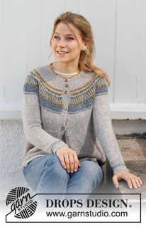 Mikado Jacket / DROPS 216-8 - Strikket jakke med rundt bærestykke i DROPS Sky. Arbejdet strikkes oppefra og ned med 2-farvet helpatent og lettisk snoning. Størrelse S - XXXL.