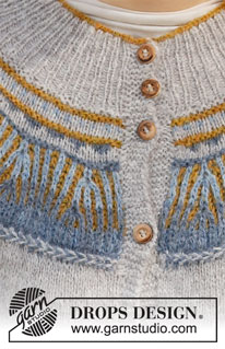 Mikado Jacket / DROPS 216-8 - Strikket jakke med rundt bærestykke i DROPS Sky. Arbejdet strikkes oppefra og ned med 2-farvet helpatent og lettisk snoning. Størrelse S - XXXL.