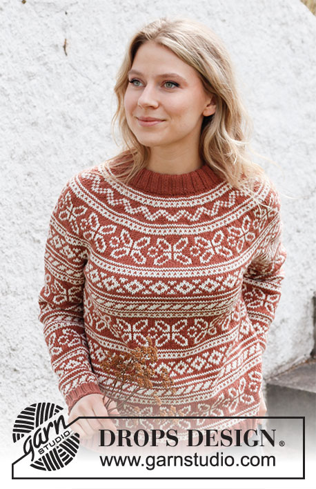 Love Links / DROPS 217-17 - DROPS Merino Extra Fine lõngast ülevalt alla kootud topelt kaelusega ümara passega ja põhjamaade mustriga kirjatud dzemper suurustele XS kuni XXL
