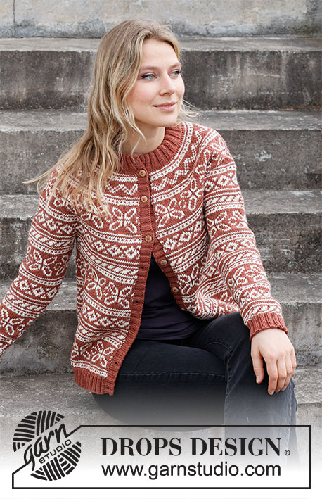 Love Links Jacket / DROPS 217-18 - Ylhäältä alas neulottu jakku DROPS Merino Extra Fine -langasta. Työssä on kaksinkertainen pääntien reunus, kaarroke ja kirjoneuletta. Koot XS - XXL.