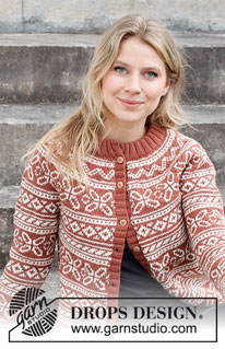 Love Links Jacket / DROPS 217-18 - Ylhäältä alas neulottu jakku DROPS Merino Extra Fine -langasta. Työssä on kaksinkertainen pääntien reunus, kaarroke ja kirjoneuletta. Koot XS - XXL.