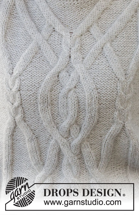 Bending Willows / DROPS 217-32 - Knitted jumper in DROPS Puna and DROPS Kid-Silk. Piece is knitted top down with cables and double neck edge. Size XS–XXL.