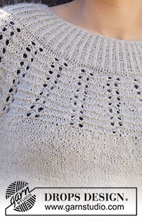 Mayan Moon Shine Sweater / DROPS 217-34 - Ylhäältä alas neulottu pusero DROPS Puna-langasta. Työssä on kaarroke, pitsineuletta ja kohoneuletta. Koot S-XXXL.