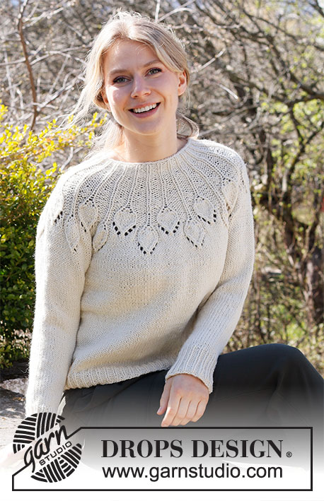 White Peacock / DROPS 217-4 - Strikket bluse med rundt bærestykke i DROPS Nepal. Arbejdet strikkes oppefra og ned med hulmønster. Størrelse S - XXXL.