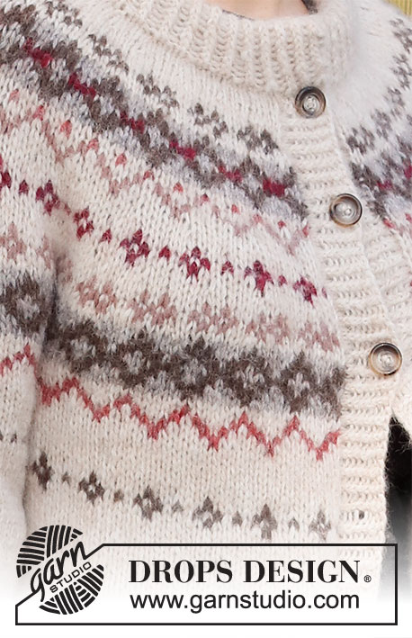 Mistletoe Kisses Jacket / DROPS 217-8 - Ylhäältä alas neulottu jakku DROPS Air-langasta. Työssä on kaarroke ja kirjoneuletta. Koot S-XXXL.