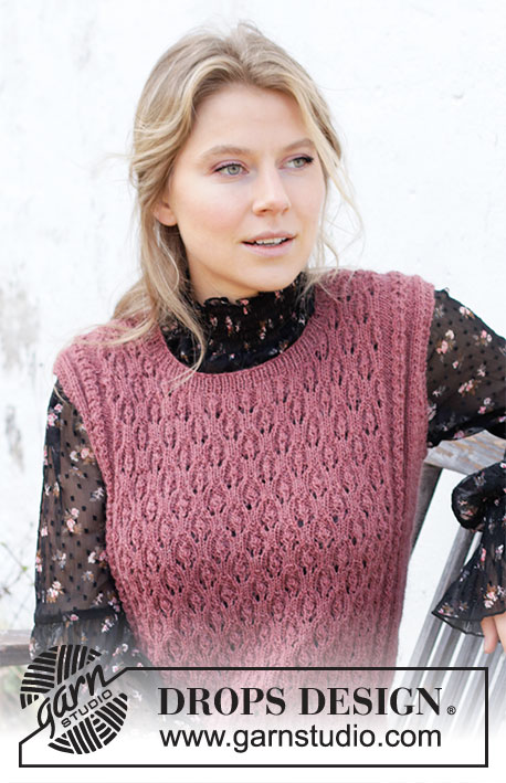 Raspberry Rose / DROPS 218-17 - Knitted vest / slipover in DROPS Alpaca. The piece is worked with lace pattern, small cables and round neck. Sizes S - XXXL.