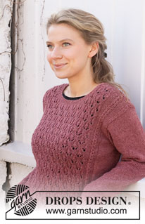 Raspberry Rose Sweater / DROPS 218-18 - DROPS Alpaca lõngast kootud pitsmustriga ja väikeste palmikutega ja ümara kaelaauguga džemper suurustele S kuni XXXL
