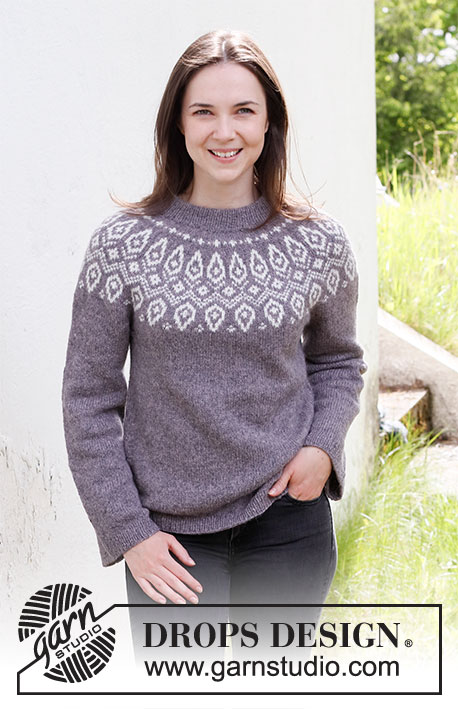 Iced Petals / DROPS 218-5 - Strikket bluse med rundt bærestykke og nordisk mønster i DROPS Sky. Arbejdet strikkes oppefra og ned. Størrelse S - XXXL.