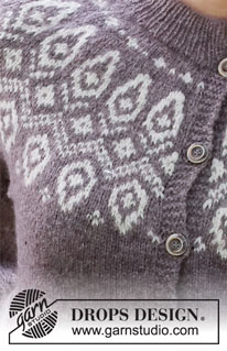 Iced Petals Jacket / DROPS 218-6 - Strikket jakke med rundt bærestykke og nordisk mønster i DROPS Sky. Arbejdet strikkes oppefra og ned. Størrelse S - XXXL.