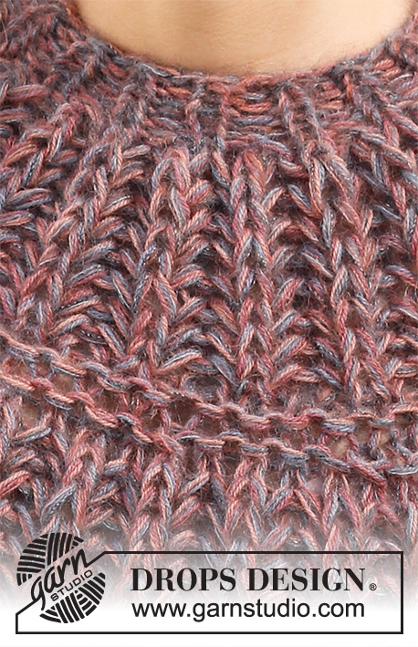 Tundra Twilight / DROPS 218-8 - Ylhäältä alas neulottu pusero 3-kertaisesta DROPS Alpaca-langasta ja 3-kertaisesta DROPS Kid-Silk -langasta. Työssä on täyspatenttineuletta ja kaarroke. Koot S-XXXL.