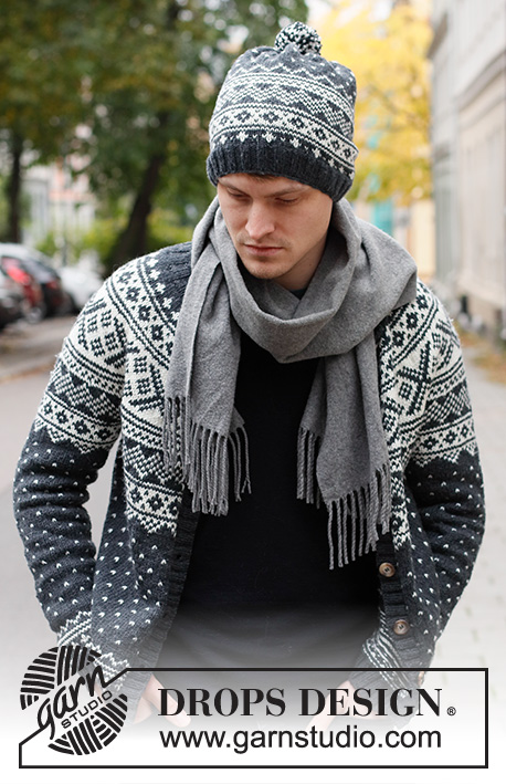 Winter's Night Enchantment Jacket / DROPS 219-13 - Strikket jakke til herre i DROPS Karisma. Arbejdet strikkes oppefra og ned med rundt bærestykke og nordisk mønster. Størrelse S - XXXL.