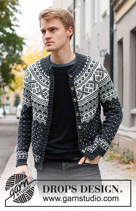Winter's Night Enchantment Jacket / DROPS 219-13 - Strikket jakke til herre i DROPS Karisma. Arbejdet strikkes oppefra og ned med rundt bærestykke og nordisk mønster. Størrelse S - XXXL.