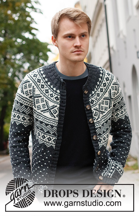 Winter's Night Enchantment Jacket / DROPS 219-13 - Strikket jakke til herre i DROPS Karisma. Arbejdet strikkes oppefra og ned med rundt bærestykke og nordisk mønster. Størrelse S - XXXL.