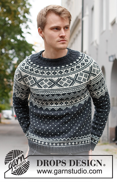 Winter's Night Enchantment / DROPS 219-15 - Strikket bluse til herre i DROPS Karisma. Arbejdet strikkes oppefra og ned med rundt bærestykke og nordisk mønster. Størrelse S - XXXL.