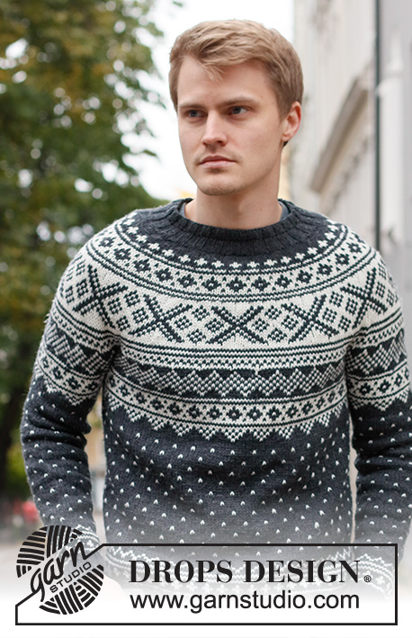 Winter's Night Enchantment / DROPS 219-15 - Strikket bluse til herre i DROPS Karisma. Arbejdet strikkes oppefra og ned med rundt bærestykke og nordisk mønster. Størrelse S - XXXL.