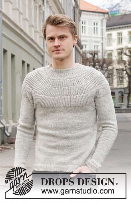 City Glow / DROPS 219-7 - Gebreide trui met ronde pas voor heren in DROPS Alpaca. Het werk wordt gebreid van boven naar beneden met Engelse patentsteek op de pas. Maat: S - XXXL