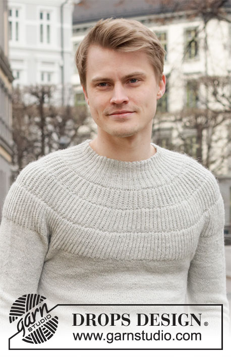 City Glow / DROPS 219-7 - Gebreide trui met ronde pas voor heren in DROPS Alpaca. Het werk wordt gebreid van boven naar beneden met Engelse patentsteek op de pas. Maat: S - XXXL