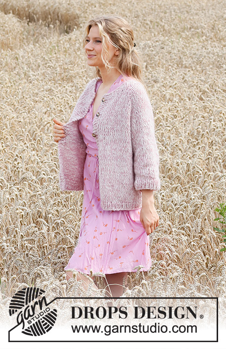 Cosy Rosy Cardigan / DROPS 220-12 - Ylhäältä alas neulottu jakku 2-kertaisesta DROPS Air-langasta tai 1-kertaisesta DROPS Wish-langasta. Työssä on raglanlinjat ja ¾-pituiset hihat. Koot S-XXXL.