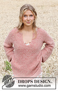 Magnolia Dream / DROPS 220-13 - Stickad tröja i DROPS Sky och DROPS Brushed Alpaca Silk. Arbetet stickas i moss-stickning med sprund i halsen och sprund i sidorna. Storlek S - XXXL.