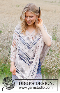 Bee Made / DROPS 220-23 - Crocheted poncho in DROPS Cotton Merino. The piece is worked top down, with lace pattern. Sizes S - XXXL.