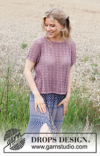 Playful Petals / DROPS 220-24 - Strikket genser med korte ermer i DROPS Safran. Arbeidet strikkes med hullmønster. Størrelse S - XXXL.