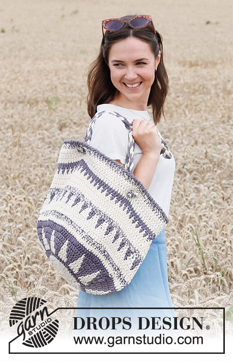 Compass Tote / DROPS 220-25 - Virkattu laukku 2-kertaisesta DROPS Paris-langasta. Työssä on monivärinen kuvio.