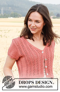 Coral Gables Cardigan / DROPS 220-28 - Strikket jakke i DROPS Muskat. Arbejdet strikkes med hulmønster, V-hals og korte ærmer. Størrelse S - XXXL.
