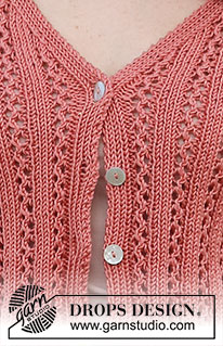 Coral Gables Cardigan / DROPS 220-28 - Strikket jakke i DROPS Muskat. Arbejdet strikkes med hulmønster, V-hals og korte ærmer. Størrelse S - XXXL.