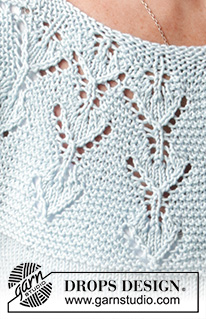 Blue Sparkle Cardigan / DROPS 220-33 - Gilet tricoté de haut en bas avec empiècement arrondi, point de feuilles et manches courtes, en DROPS Muskat. Du S au XXXL.