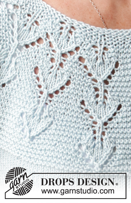Blue Sparkle Cardigan / DROPS 220-33 - Gilet tricoté de haut en bas avec empiècement arrondi, point de feuilles et manches courtes, en DROPS Muskat. Du S au XXXL.