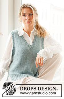 Audrey Vest / DROPS 220-43 - Knitted vest / slipover in DROPS Sky. The piece is worked in stocking stitch with ribbed edges, V-neck and split in the sides. Sizes S - XXXL.