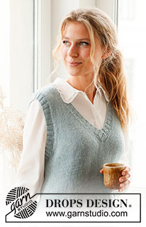Audrey Vest / DROPS 220-43 - Knitted vest / slipover in DROPS Sky. The piece is worked in stocking stitch with ribbed edges, V-neck and split in the sides. Sizes S - XXXL.