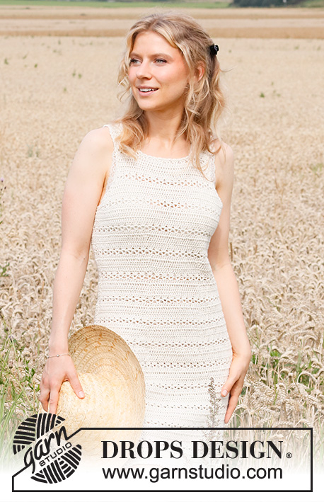 Open Country / DROPS 220-5 - Vestido crochetado em ponto texturado, em DROPS Cotton Merino. Do S ao XXXL