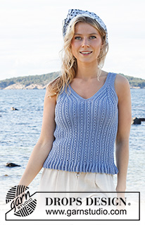 Blue Cove / DROPS 221-13 - Strikket top i DROPS Safran. Arbejdet strikkes nedenfra og op med mønster. Størrelse S - XXXL.
