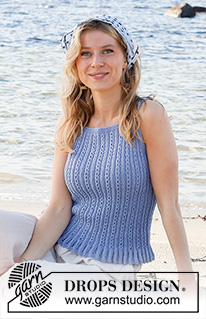 Amalfi Blue / DROPS 221-14 - Knitted top in DROPS Safran. Piece is knitted bottom up with pattern. Size: S - XXXL