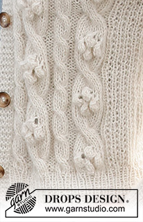 Buttercream Swirls / DROPS 221-15 - Stickad kofta i DROPS Alpaca och DROPS Kid-Silk. Arbetet stickas med flätor och muscher. Storlek S - XXXL.