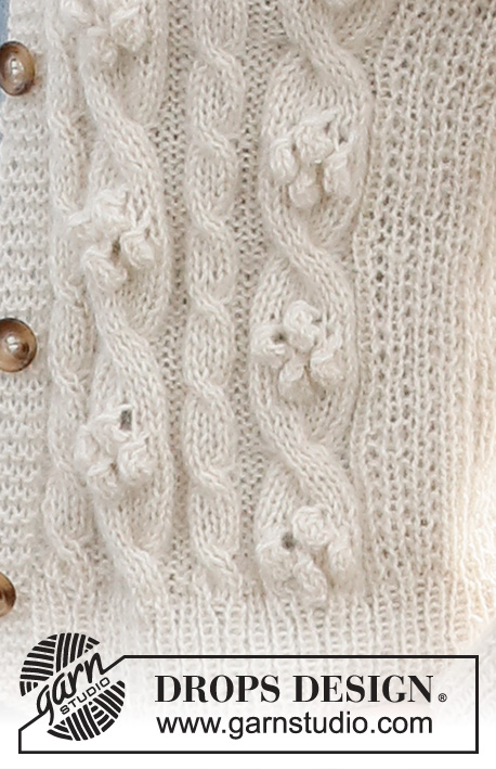 Buttercream Swirls / DROPS 221-15 - Stickad kofta i DROPS Alpaca och DROPS Kid-Silk. Arbetet stickas med flätor och muscher. Storlek S - XXXL.