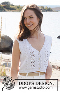 Doves Bay Vest / DROPS 221-18 - Strikket top i DROPS Cotton Light. Arbejdet strikkes med hulmønster, snoninger, v-hals og lukning foran. Størrelse S - XXXL.
