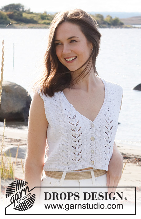 Doves Bay Vest / DROPS 221-18 - Strikket top i DROPS Cotton Light. Arbejdet strikkes med hulmønster, snoninger, v-hals og lukning foran. Størrelse S - XXXL.