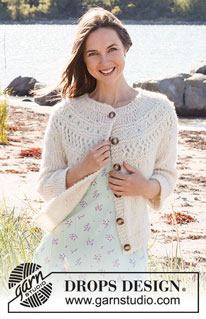 Way to Happiness Jacket / DROPS 221-19 - Gebreid vest in 1 draad DROPS Air en 1 draad DROPS Brushed Alpaca Silk (= 2 draden) of 1 draad DROPS Wish. Het werk wordt van boven naar beneden gebreid met ronde pas, kantpatroon, ribbelsteek en ¾-lengte mouwen. Maten S - XXXL.