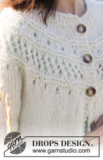Way to Happiness Jacket / DROPS 221-19 - Gebreid vest in 1 draad DROPS Air en 1 draad DROPS Brushed Alpaca Silk (= 2 draden) of 1 draad DROPS Wish. Het werk wordt van boven naar beneden gebreid met ronde pas, kantpatroon, ribbelsteek en ¾-lengte mouwen. Maten S - XXXL.