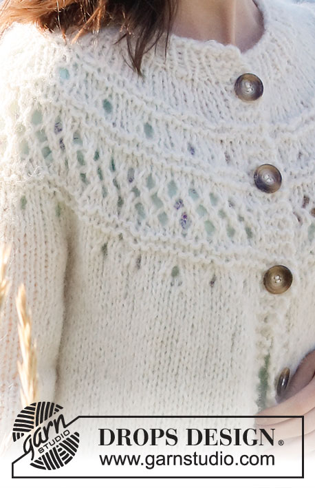 Way to Happiness Jacket / DROPS 221-19 - Gebreid vest in 1 draad DROPS Air en 1 draad DROPS Brushed Alpaca Silk (= 2 draden) of 1 draad DROPS Wish. Het werk wordt van boven naar beneden gebreid met ronde pas, kantpatroon, ribbelsteek en ¾-lengte mouwen. Maten S - XXXL.