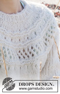 Way to Happiness / DROPS 221-20 - Pull tricoté de haut en bas avec 1 fil DROPS Air + 1 fil DROPS Brushed Alpaca Silk (= 2 fils) ou 1 fil Wish, avec empiècement arrondi, point ajouré, point mousse et manches ¾. Du S au XXXL