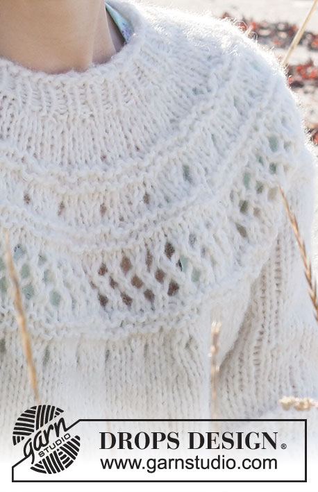 Way to Happiness / DROPS 221-20 - Pull tricoté de haut en bas avec 1 fil DROPS Air + 1 fil DROPS Brushed Alpaca Silk (= 2 fils) ou 1 fil Wish, avec empiècement arrondi, point ajouré, point mousse et manches ¾. Du S au XXXL