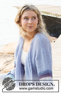 Blue Sunrise Jacket / DROPS 221-23 - Strikket jakke i 2 tråde DROPS Brushed Alpaca Silk. Arbejdet strikkes med V-hals og ballonærmer med striber. Størrelse XS - XXL.